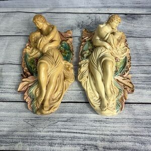 Vintage Pair of Porcelain Bisque Lovers Embracing Art Sculptural Wall Hangings